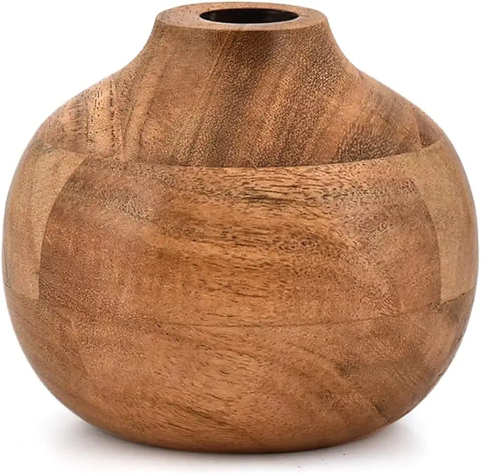 Vases Acacia Wood Small Round Hand-Carved | Handmade Vase | Handmade Home Office Table Vase (4" X 4" X 4")