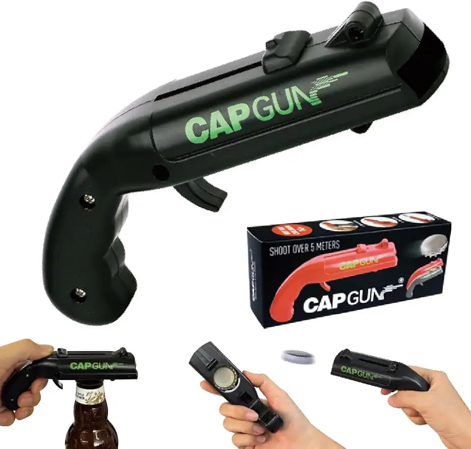Cap Shooting Bottle Opener Gun - Launches Caps for World Cup Parties, BBQs & Adult Gatherings, Fun Gadget for Men, Unique Gag Gift for Sports Events (black)
