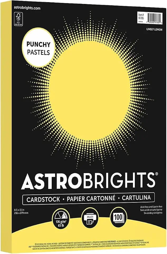 Astrobrights Punchy Pastel Cardstock, 8.5" x 11", 65 lb. Lively Lemon, 100 Sheets (91785)