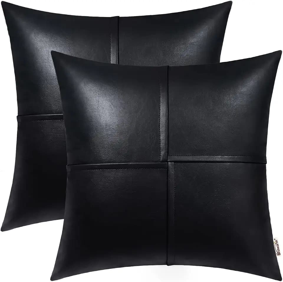 BRAWARM Black Faux Leather Throw Pillow Covers 22x22 Inches, 2 Pack