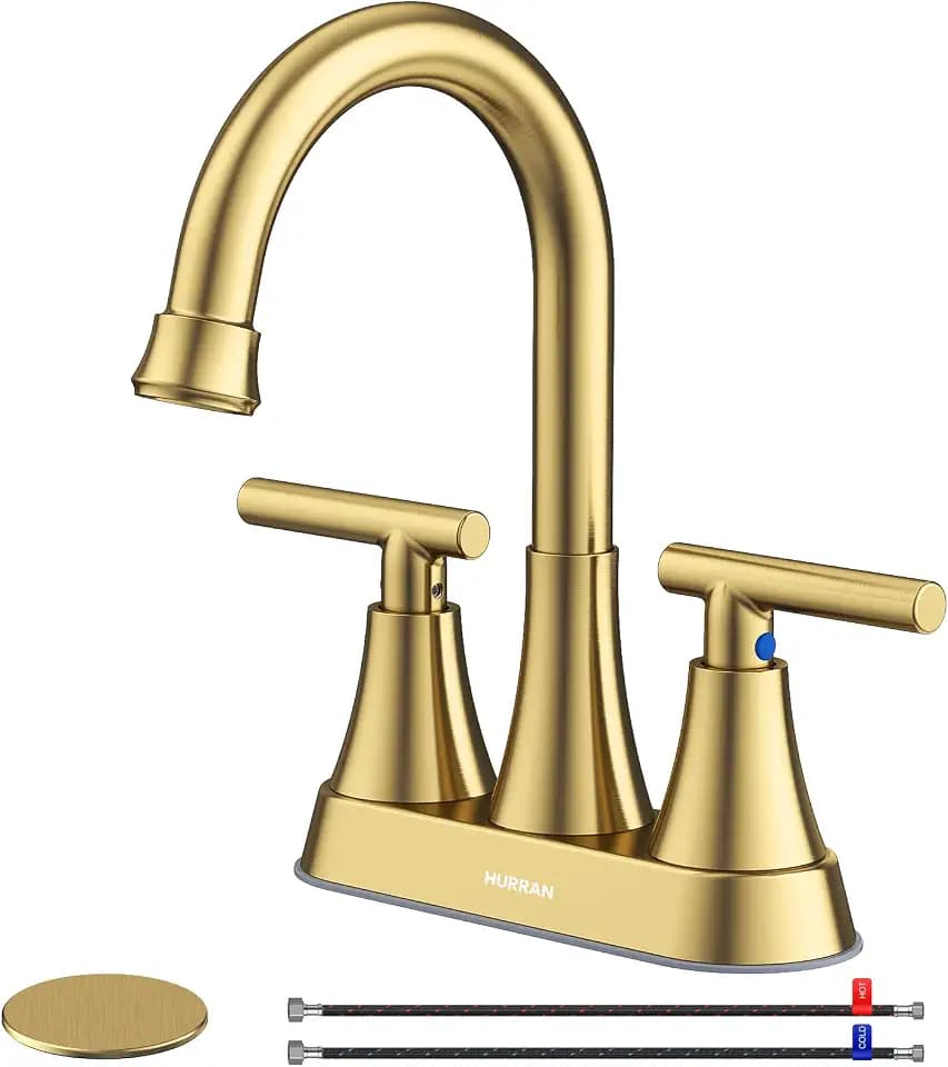 Brushed Gold Bathroom Faucet, Hurran 4 inch Centerset 2-Handle Lead-Free