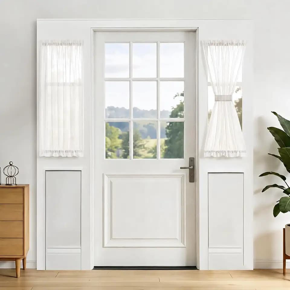 Aquazolax Sheer French Door Curtain White - Rod Pocket Kitchen Door Window Curtains, Light Filtering Privacy Small Half Glass Window Drapes with Tieback - 1 Panel, 25W x 40L