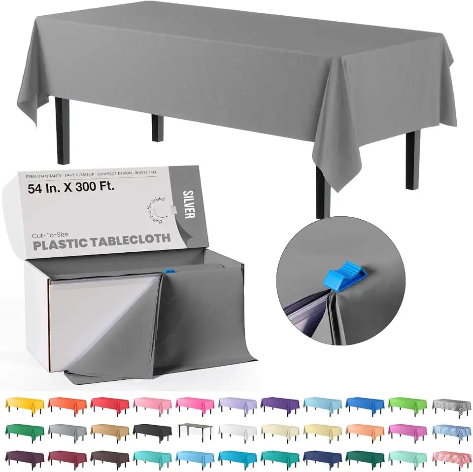 Exquisite Party Solids 54 Inch X 300 Feet Silver Plastic Table Cover Roll in A Cut - to - Size Box with Convenient Slide Cutter. Cuts Up to 36 Rectangle 8 Feet Plastic Disposable Tablecloths