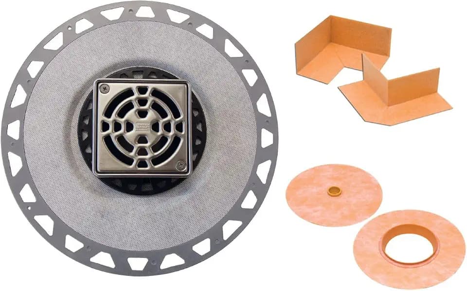 Schluter Kerdi-Drain PVC Classic Shower Drain Kit with Integrated Bonding Flange - Provides Drainage Solutions for Tiled Showers - 4" Stainless Steel Grate, Square, 2" Outlet - KD2/PVC/E
