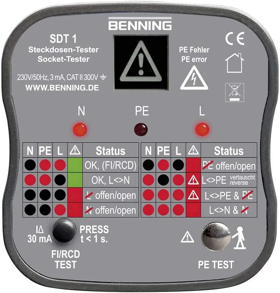 Benning SDT 1. Steckdosentester (Prüfung von Schutzkontaktsteckdosen, Prüfart 2-polig, Spannungsmessbereich 230 V AC, Klingenlänge 17 mm) 20053, schwarz, grau und rot
