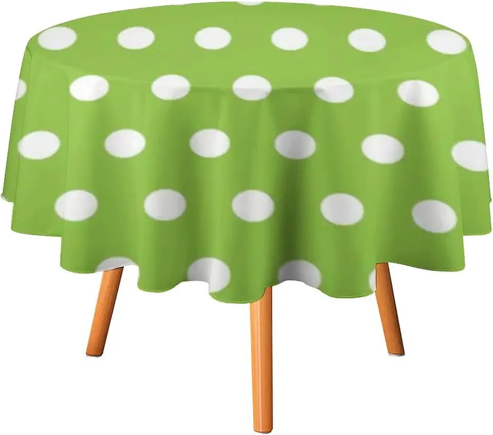Round Table Cloth, White Polka Dots on Lime Green Tablecloth Washable Dinng Table Covers Decorative for Kitchen & Table Linens 60" x 60"
