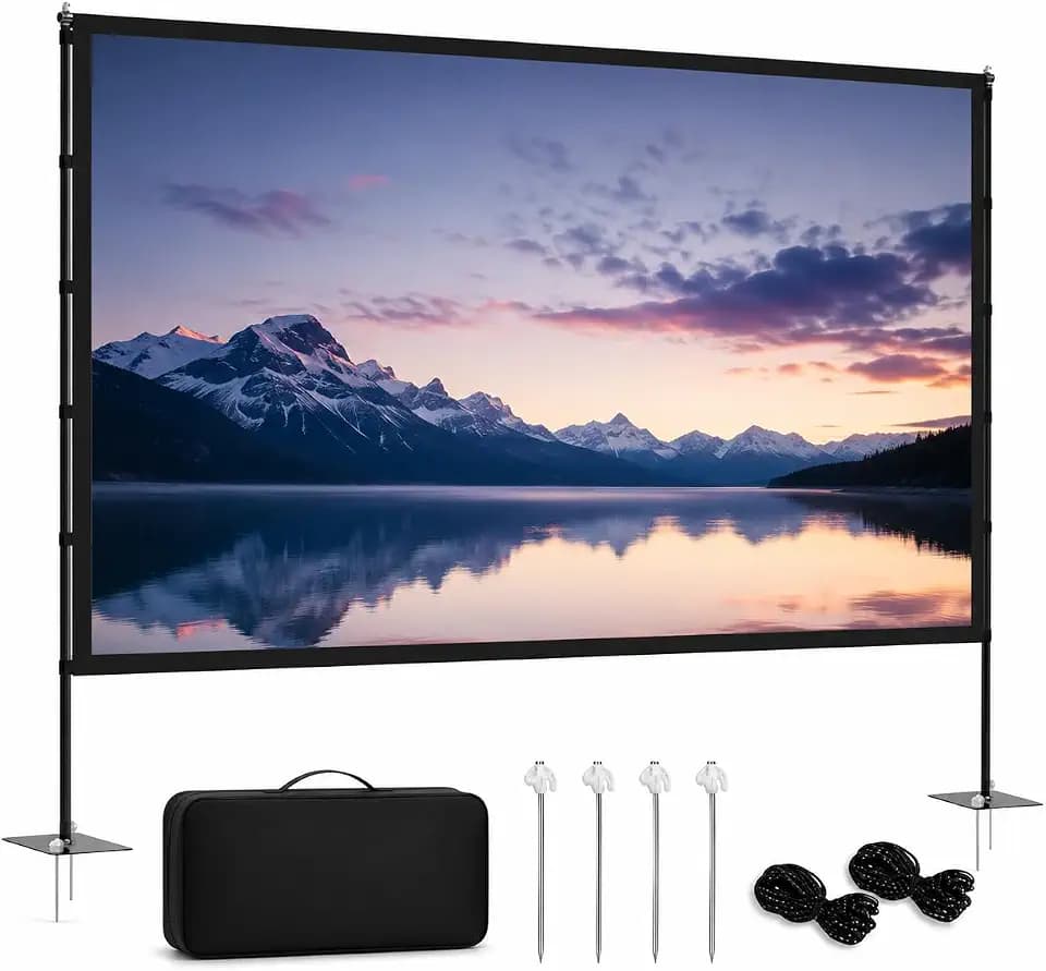 IN&VI 120 Zoll Beamer Leinwand mit Stativ, 16:9 Faltbare Leinwand Beamer Outdoor, Front- und Rückprojektion, Stabiler Metallrahmen mit Tragetasche für Heimkino, Garten und Camping