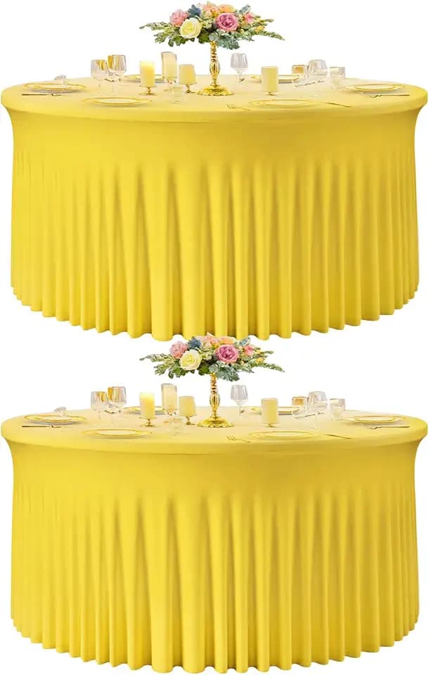 2 Pack Yellow Round Spandex Tablecloth for 72 Inch Round Table, 132 Inch Stretch Fitted Tablecloth, Wrinkle-Free Table Cover with Skirt for Birthday, Wedding, Banquet, Party Decor