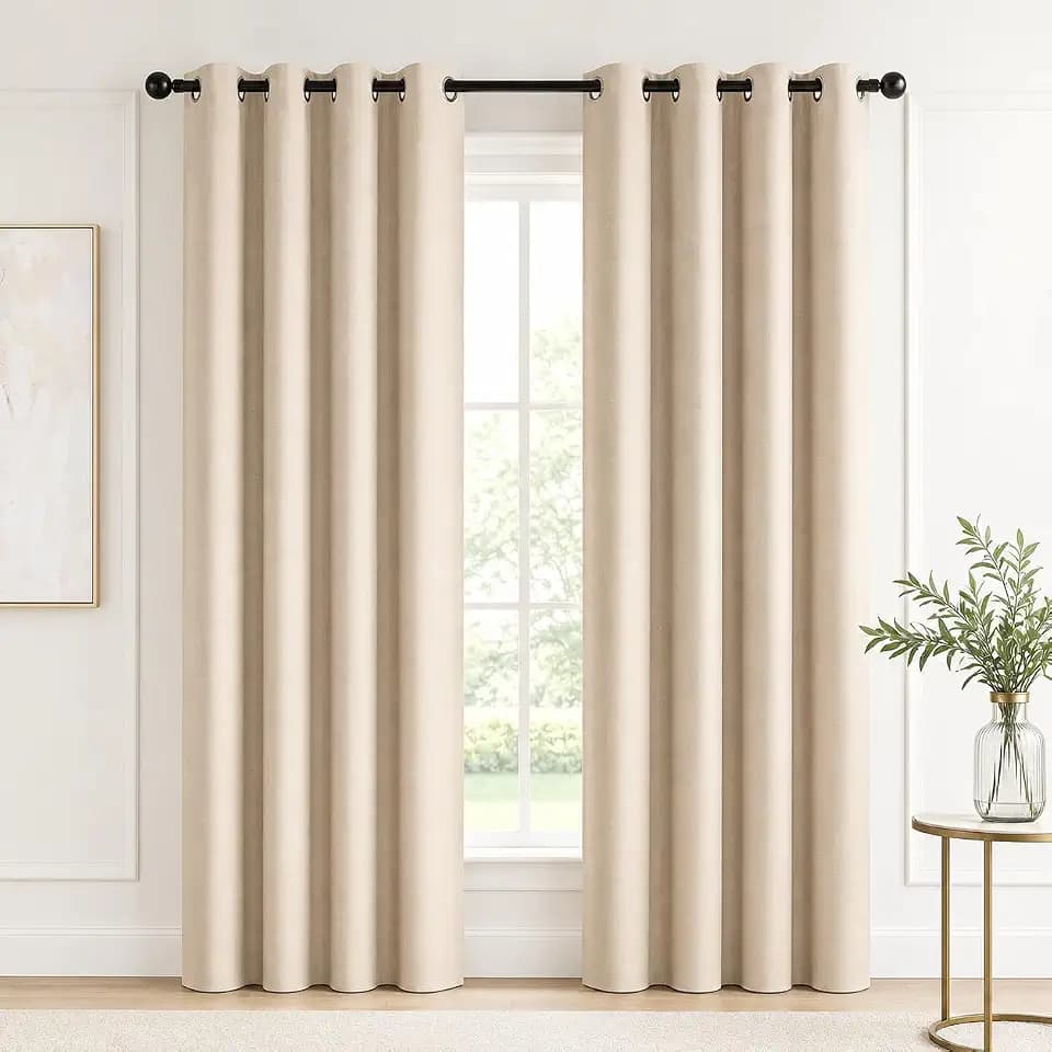 Deconovo Faux Linen 100% Blackout Curtains, 52" W x 45" L, Khaki, Grommet Room Darkening Curtain, Thermal Insulated Drapes for Small Window, 2 Panels