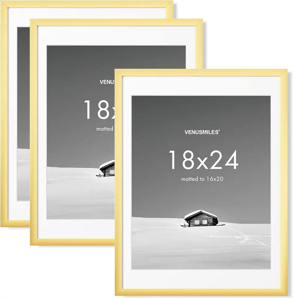 Venusmiles 18x24 inch Picture Frame, 18x24 Photo Frames with 16x20 Removable Mat - High Definition Plexiglass - Vertical and Horizontal Display - Wall Hanging Poster Frame - Gold, 3 Pack