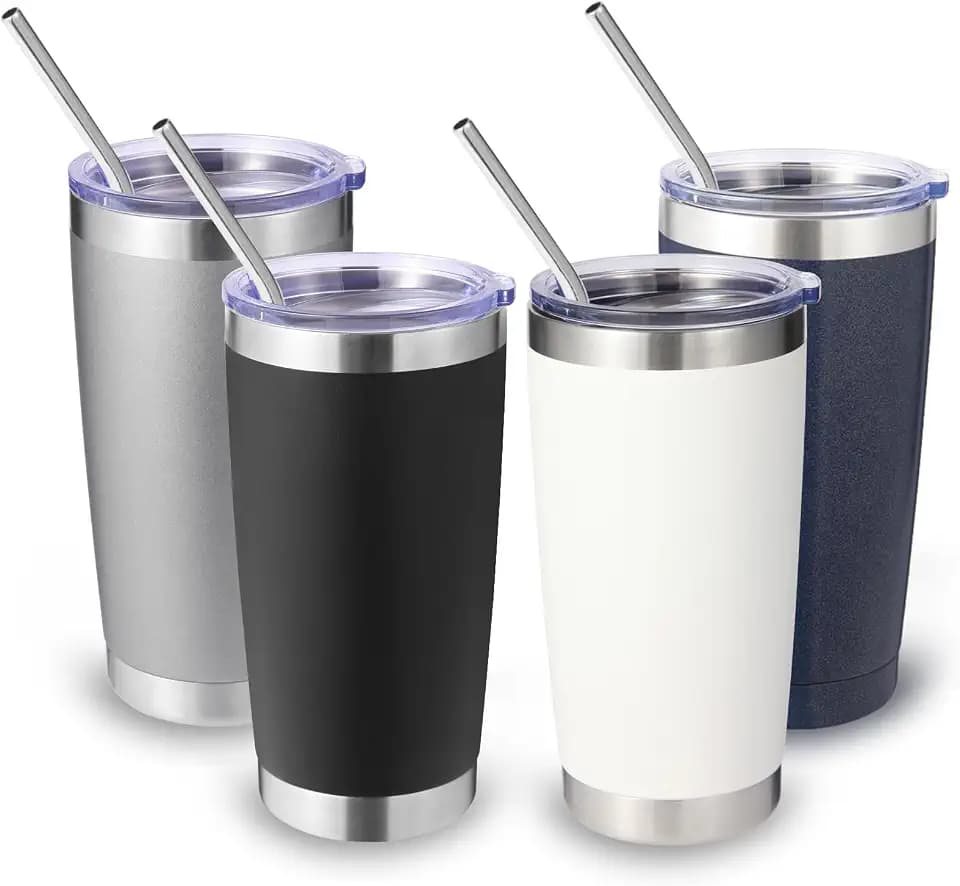 Volhoply 20oz Stainless Steel Tumbler with Lid and Straw Bulk 4 Pack,Double Wall Insulated Travel Iced Coffee Mug Fits Cup Holder,Powder Coated Cups for Hot/Cold Drinks,Gifts for Women(Mix,4 Set)