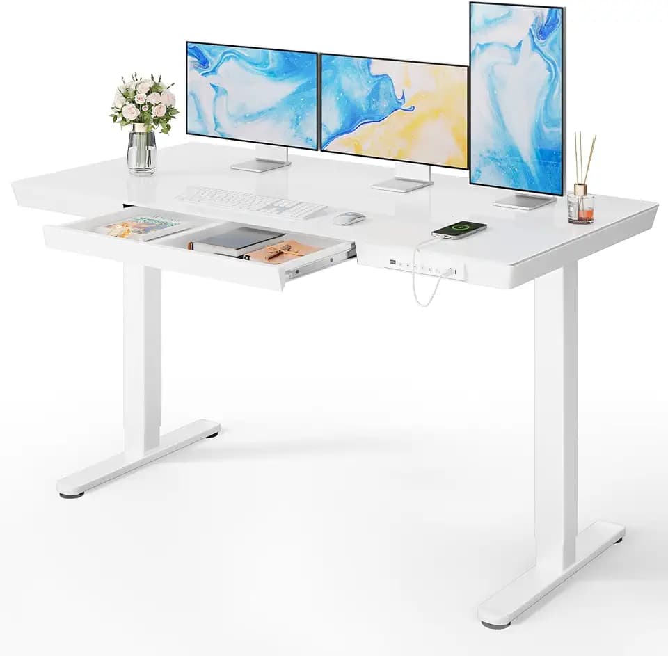 Marsail Glass Standing Desk, 55 x 28 Inch Electric Standing Desk,White