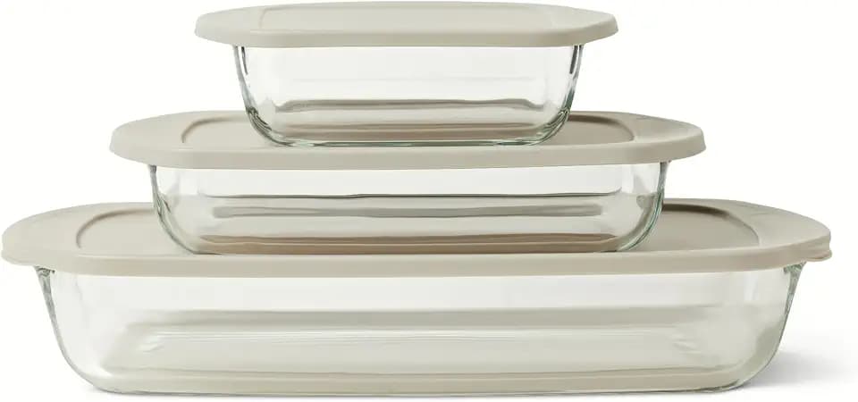 Amazon Basics Glass Baking Dishes with BPA-Free Lids, 6-Piece Bakeware Set, Borosilicate Glass, Oven-Safe up to 752°F, Non-Slip and Stackable, Dishwasher-Safe, Linen Gray
