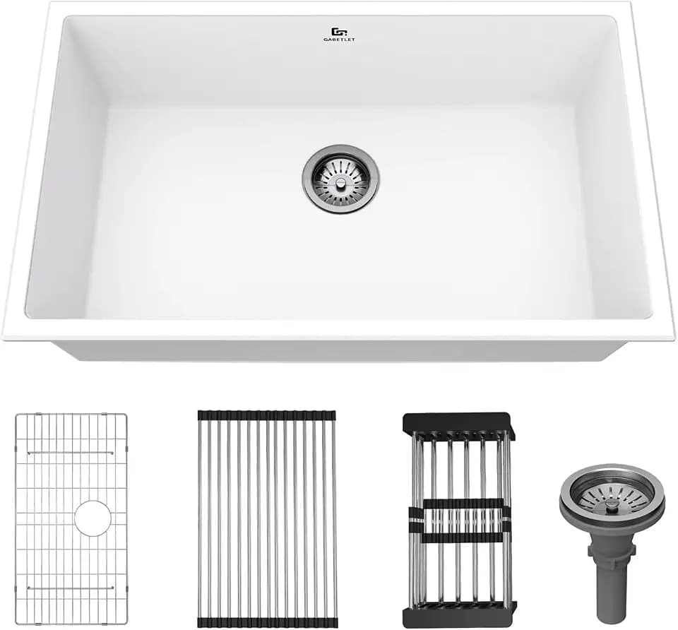 Quartz Kitchen Sink, 30 Inch White Undermount Kitchen Sinks, Deep Single Bowl Granite Composite Sink, Modern Sinks Providing Complete Accessories, Spacious Workspace and Easy Cleaning