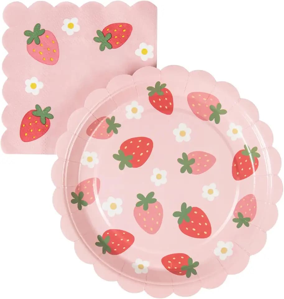 Strawberry Party Plates & Napkins Set | Serves 24 | Sweet One First Birthday, Berry Sweet Baby Shower, Strawberry Theme Birthday Party Supplies for Girls, Summer Party Decor