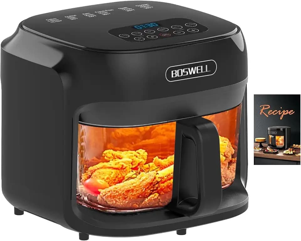 BOSWELL 7.5QT Glass Air Fryer, 6-IN-1 Preset Menue Air Fryer, Dehydration, Digital Touch Screen, Low Noise, Non-Stick and Easy To Clean(Deep black)