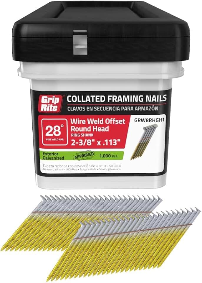 Grip-Rite 8d Cooler - 2-3/8-Inch x .113 HOT-DIPPED GALVANIZED, RING SHANK, 28? Clipped Head, Wire-Weld Collated, Stick Framing Nails - 500 per tub