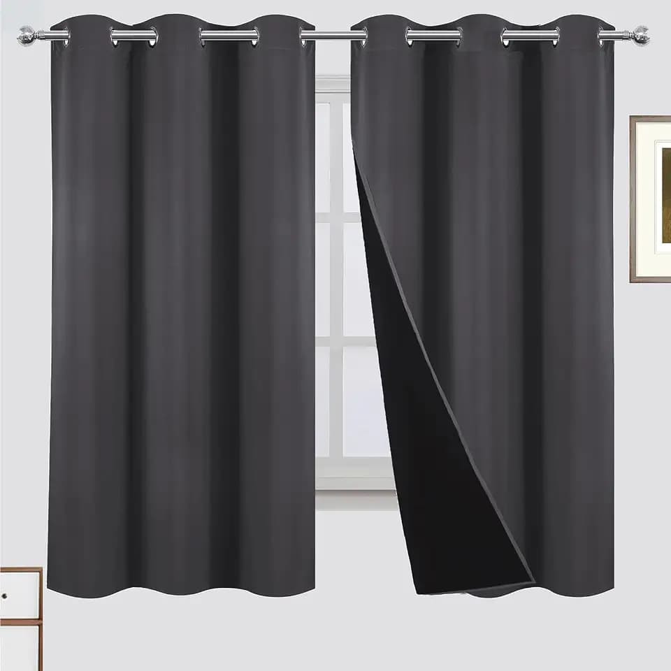 LEMOMO 100% Blackout Curtains 42 x 63 Inch Dark Grey Curtains 2 Panels Darkening Thermal Insulated Bedroom Curtains