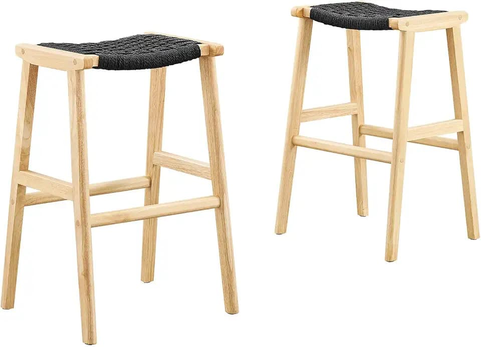 Modway Saoirse Woven Rope Wood Bar Stool - Set of 2 in Natural Black