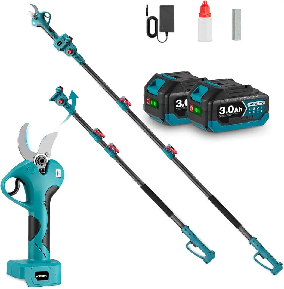 Yofidra 2-In-1 Astschere Teleskop Akku - 30mm Elektrische Astschere mit 2x3.0Ah Akkus, mit 1.3-2.3m Teleskopstange, SK5 Stahlklingen, 180° Rotationskopf, für Äste, Obstbaum