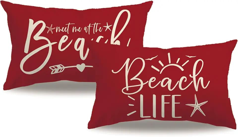 7COLORROOM 2Pack Beach Style Pillow Covers Double-Sided Printed Red Beach Life Starfish Summer Decor Rectangular/Waist Cushion Cover Ocean Theme Coastal Home Decor Pillowcases 12”×20” (Red)