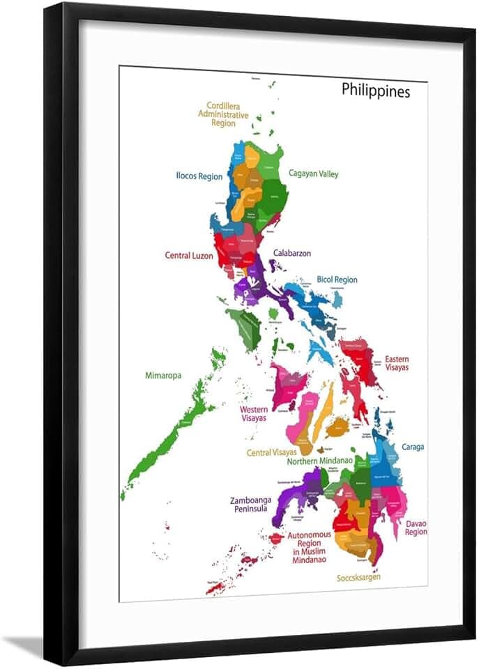 Art.com Wall Art Print Map of Republic of the Philippines with Eighty Provinces on Black Frame by Volina, 21" x 29"