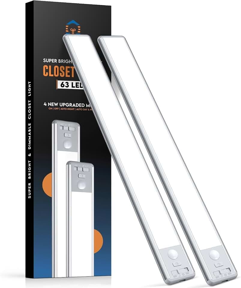 Reoshine 63 LED Closet Lights Motion Sensored, 2500mAh Rechargeable Under Cabinet Lighting, Dimmable & Magnetic Light Bar for Kitchen Cabinets, Hallways (2 Pack)
