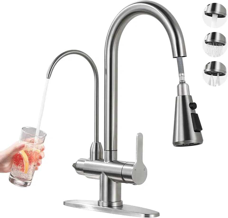 Kitchen Faucet with Water Filter Faucet, Brushed Nickel Stainless Steel Drinking Water Faucet, High Arc 2 Handle Kitchen Sink Faucet with Pull Down Sprayer for Kitchen Sink Farmhouse Bar