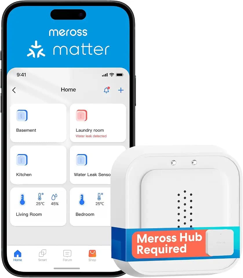 Meross Matter Smart Wassermelder(Hub benötig), 0,3mm Erkennungbis | Wasserlecksensor bis 100dB Sensor&APP&Hub-Alarm, für Küche, Badezimmer, Keller, kompatibel mit Apple HomeKit, Alexa, Google