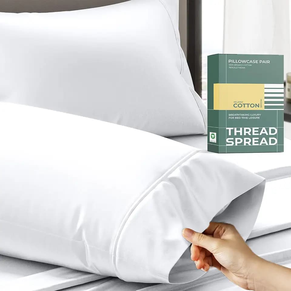 THREAD SPREAD 100% Organic Cotton King Size Pillow Cases Set of 2 - Natural Cooling Percale Weave Pillow Cases King Size (White), Soft, Crisp & Breathable Organic Pillowcases, GOTS Certified
