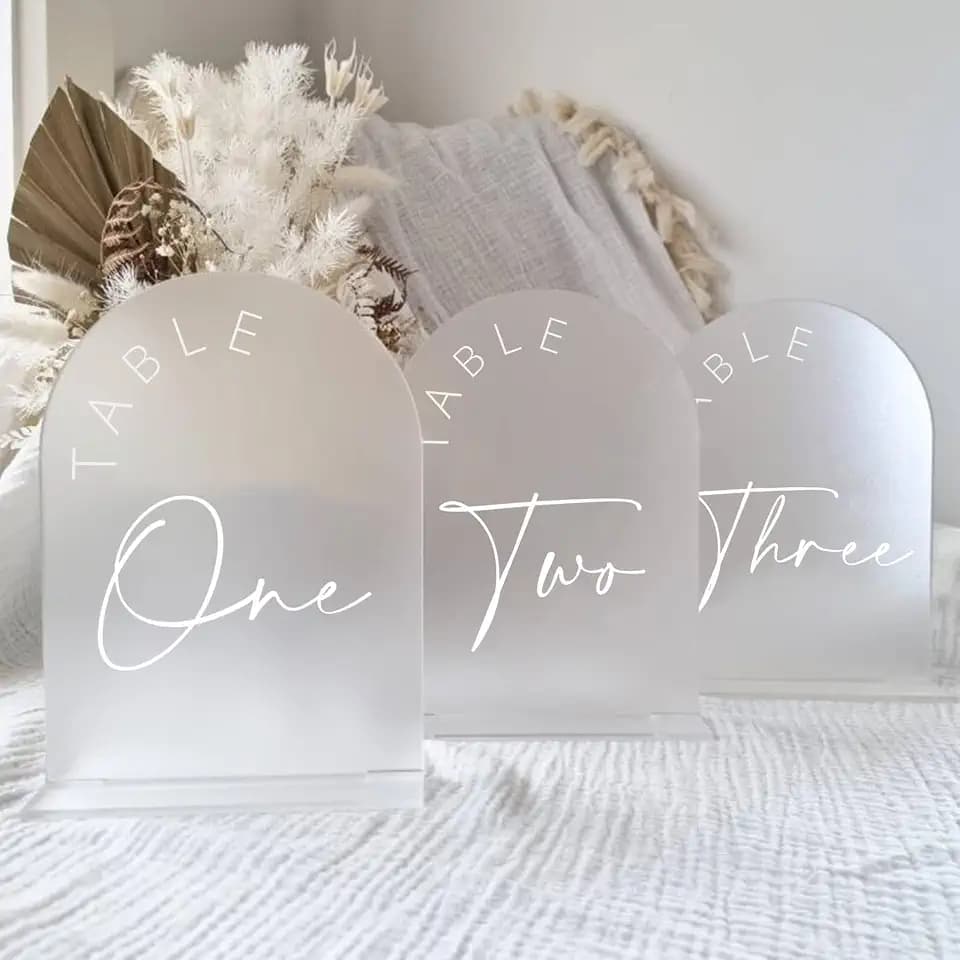 Frosted Arch Wedding Table Numbers 1-30 with Stands, 5x7 Inch Frosted Arch Acrylic Sign with White Letters, Arched Acrylic Table Numbers for Wedding Reception