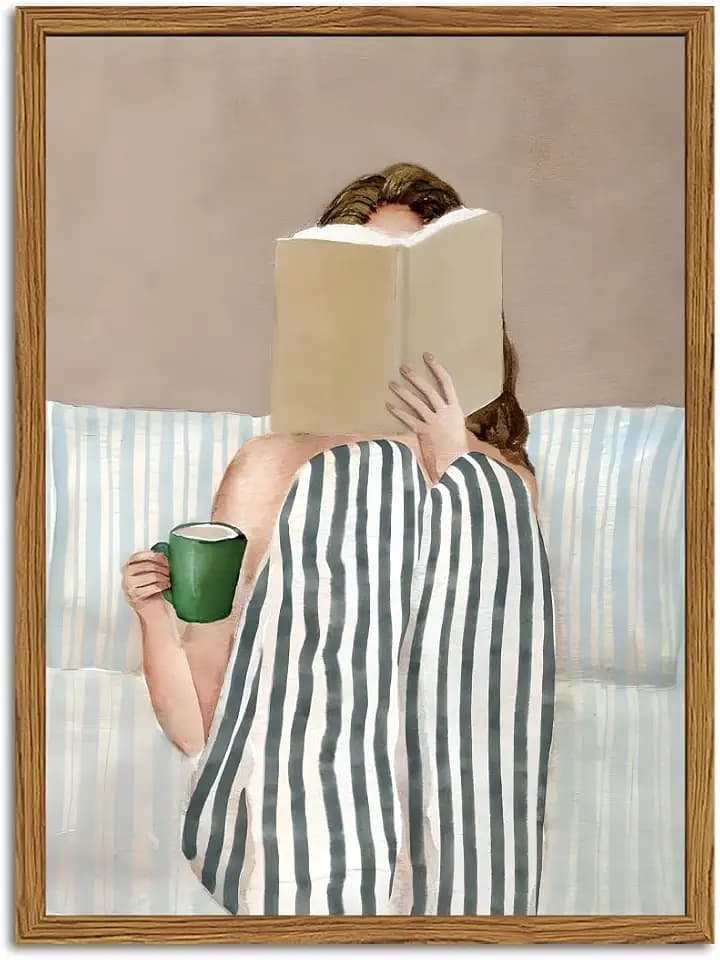 Framed Trendy Preppy Canvas Wall Art, Woman Reading Book with Coffee Pictures Wall Decor Paintings, Blue and White Striped Prints Girly Home Decor for Living Room Bedroom Dorm 12x16 inch