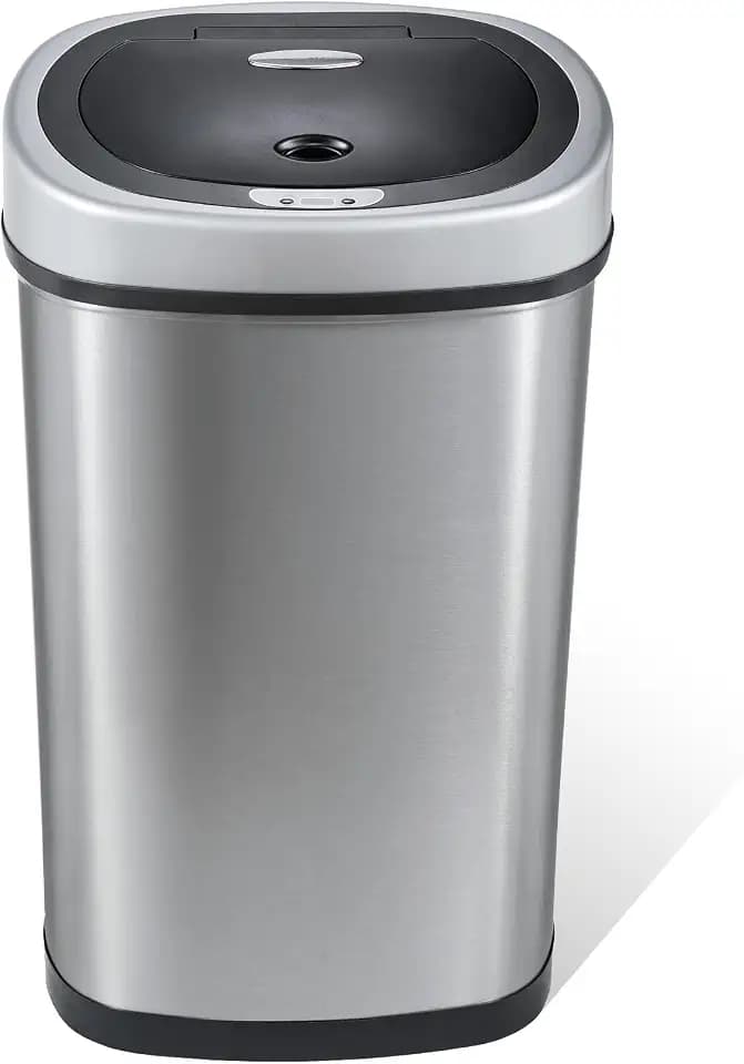 Ninestars 13 Gallon Oval Automatic Trash Can, 50L Touchless Motion Sensor Kitchen Garbage Can with Odor-Sealing Black Lid, Silver Stainless Steel