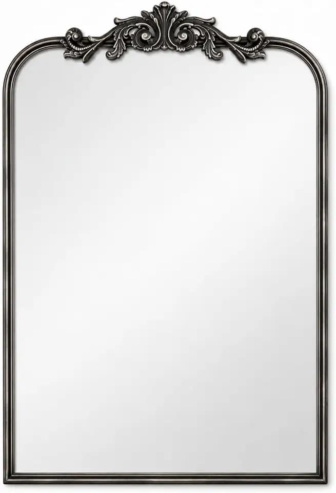 Arched Wall Mirror, 24x34 in Baroque Black Frame with Raised Center Camber