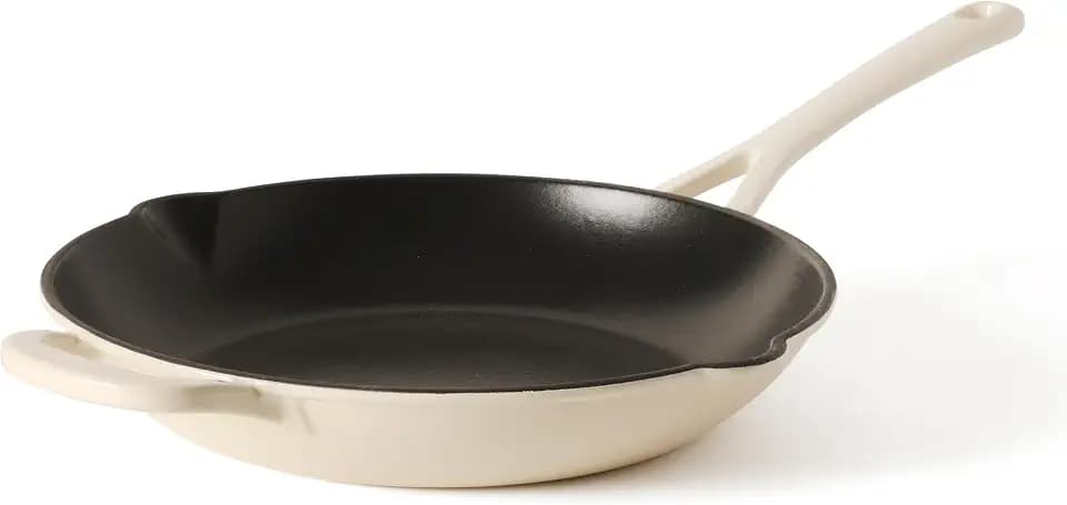 Martha Stewart Gatwick 12” Enameled Cast Iron Skillet, PFAS-Free, Linen White Exterior with Matte Black Enamel Interior, Rust Resistant, Oven Safe