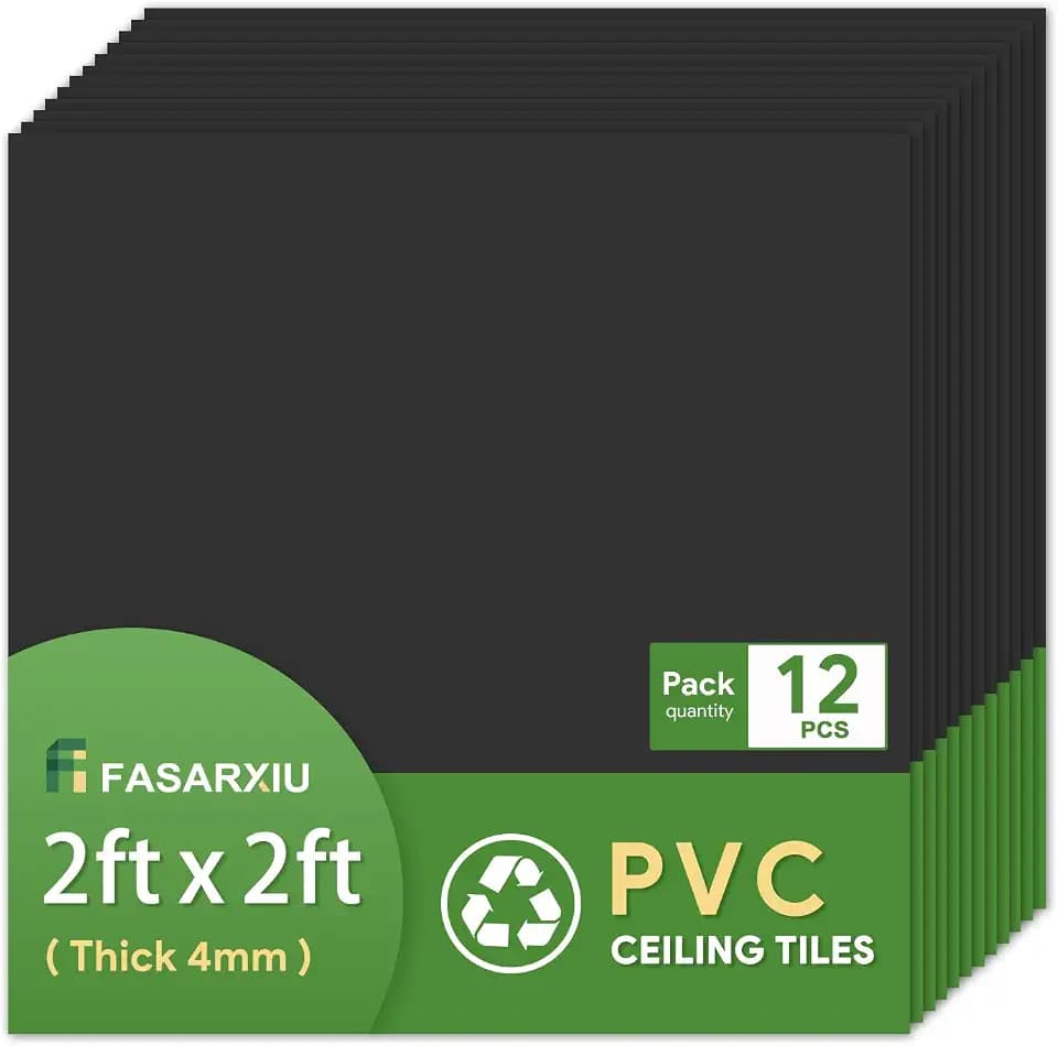 Fasarxiu 12 Pack 2ft x 2ft Black Drop Ceiling Tiles Waterproof High-Grade PVC Ceiling Tiles 2x2 Fire-Rated - Easy Drop-in Installation(48 sq.ft.)