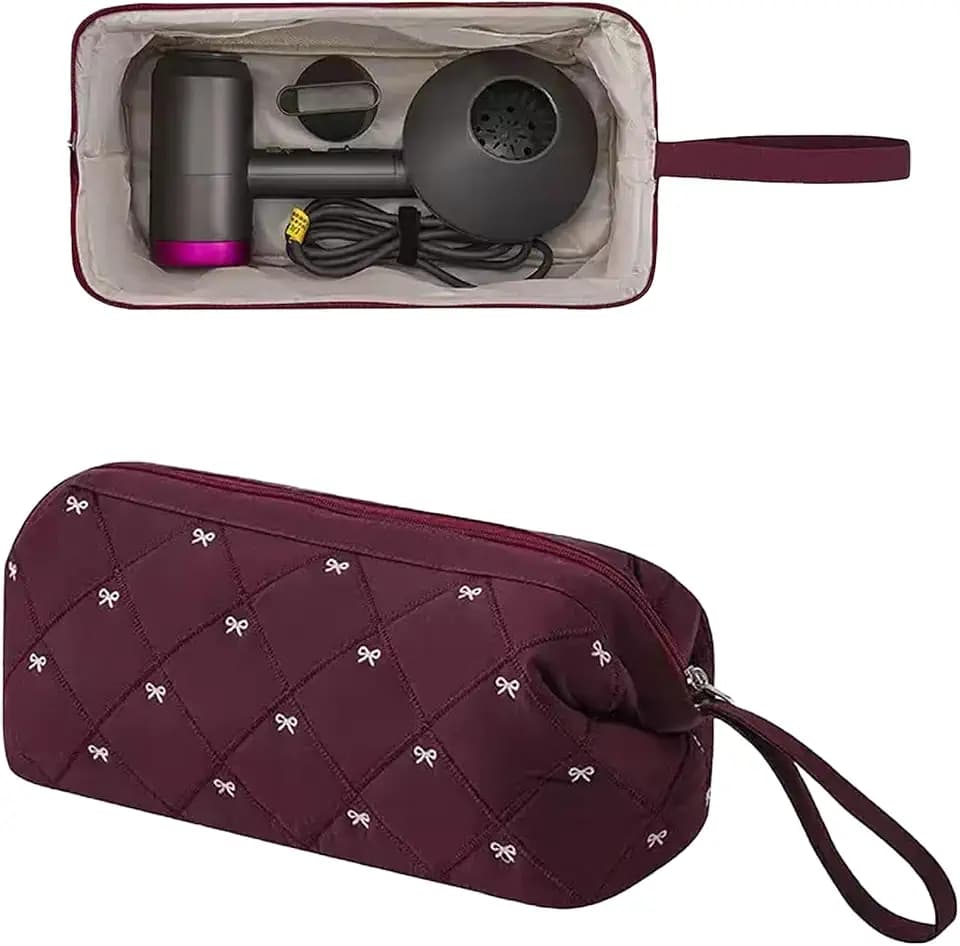 RSRSLEII Large Quilted Hair Tools Travel Bag with Bow Pattern, Wine Red