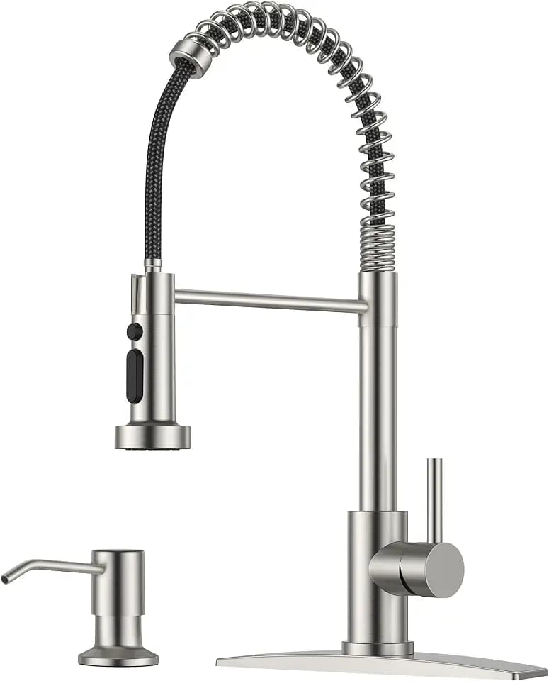 FORIOUS Kitchen Faucet with Soap Dispenser, Brushed Nickel 3-Mode High Arc
