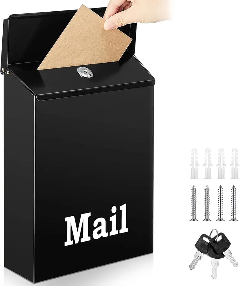 MorningRo 12.2 x 8.66 x 3 Inch Large Black Wall Mount Mailbox with Lock Key for Outside Apartment Porch Rust Proof Security Key Drop Box for Letters Newspapers Cards