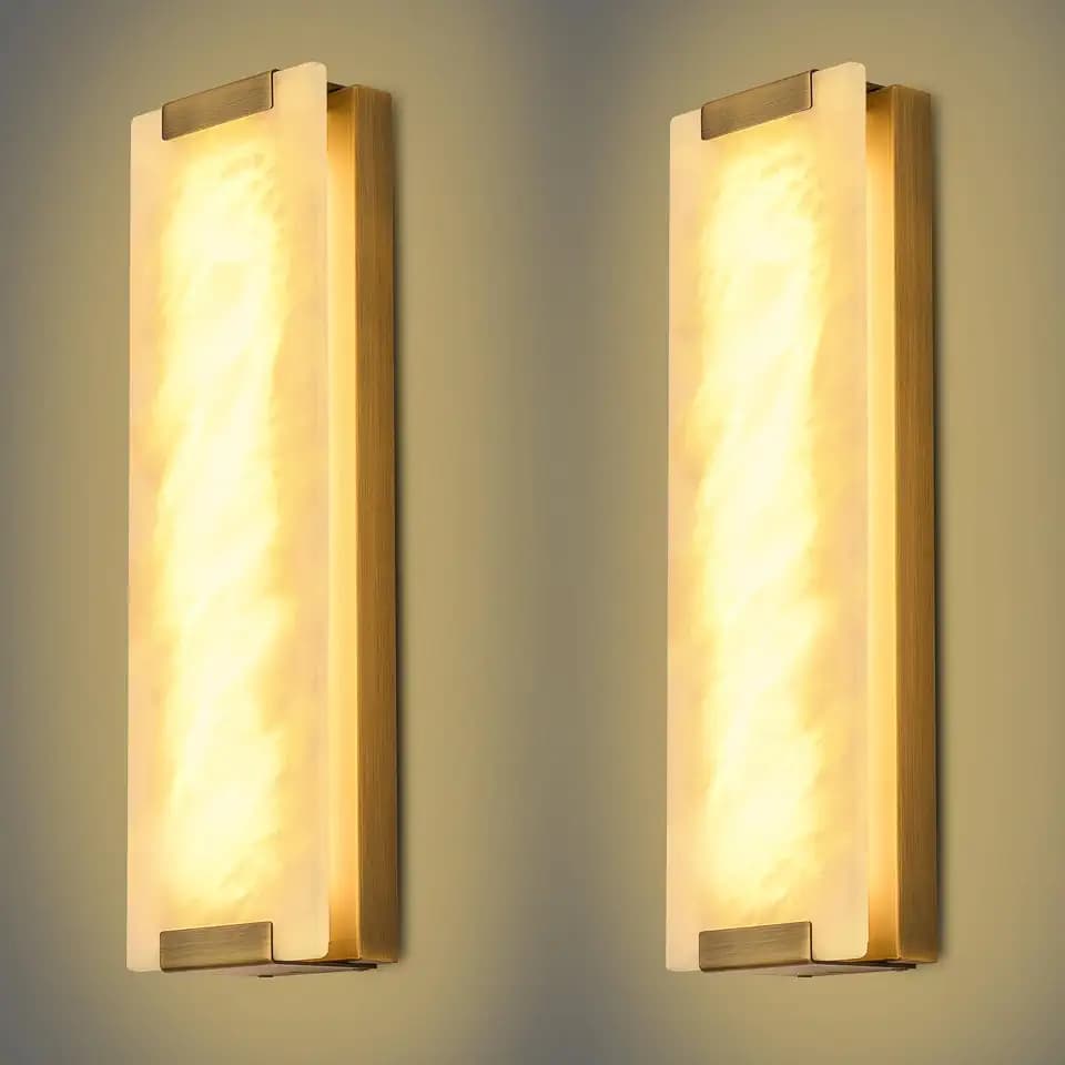 Alabaster Wall Sconces Set of Two, 19.2in Natural Marble Wall Sconces Wall Lighting, Dimmable Wall Light Fixtures for Bedroom Living Room Stairs Vanity Hallway Bedside,Brushed Gold