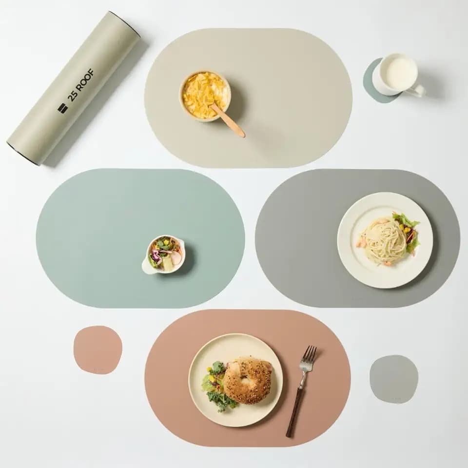 Oval Silicone Placemats – Heat Resistant, Waterproof, Easy to Clean Non-Slip Modern Dining Table Mats – Premium Leather Textured Japandi Kitchen Decor, Matt Combo, 4, with Coasters