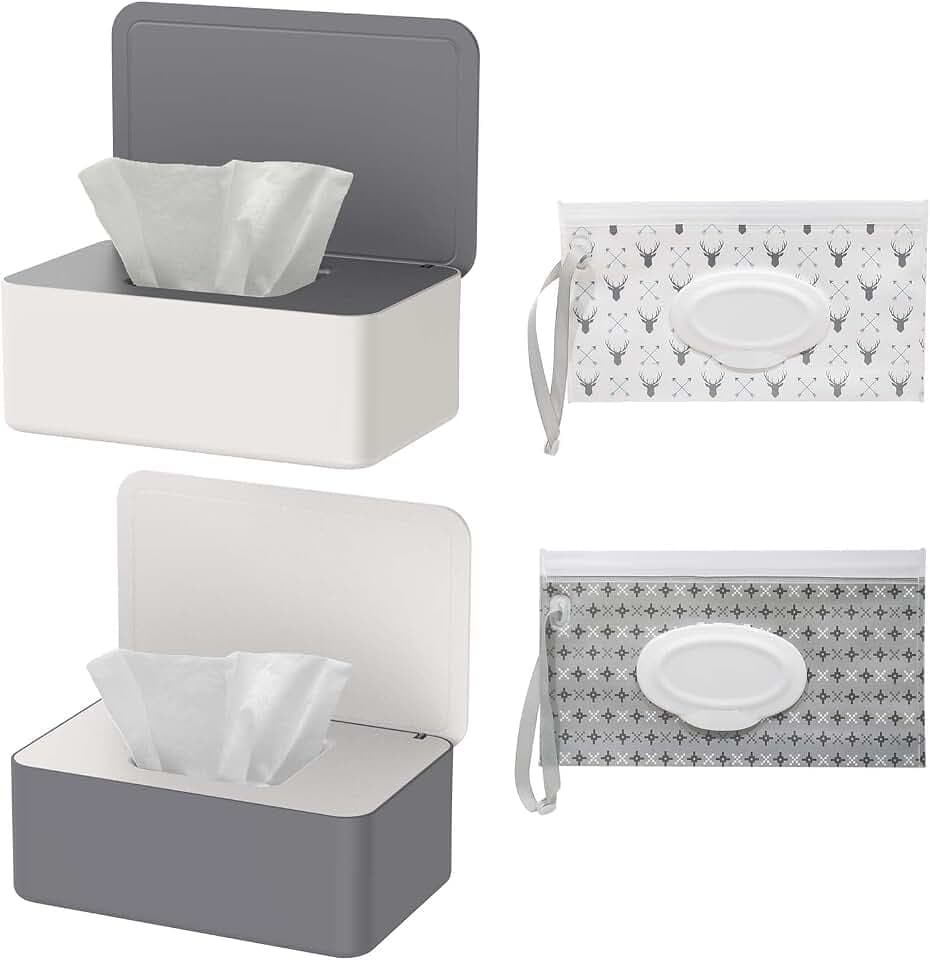 2 Stück Feuchttücher Box und 2 Stück Feuchttücher Tasche Set, Baby Feuchttücherbox, Feuchte Toilettenpapier Box, Taschentuch Aufbewahrungsbox, Feuchttücher Spender, Serviettenbox Mit Deckel