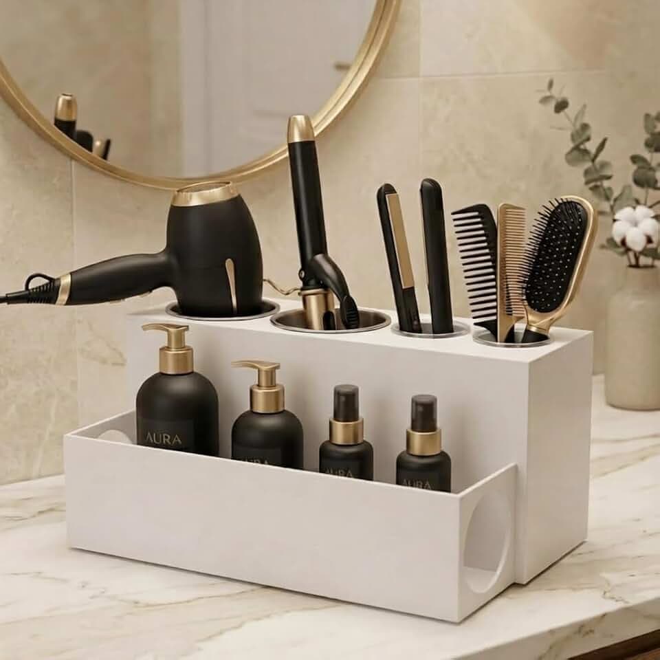 SOL ECO Hair Tool Organizer for Bathroom Countertop - Heat-Safe Stainless Steel Cups - Professional Acrylic Styling Station for Blow Dryers, Flat Irons, Curling Wands and Brushes (Acrylic)