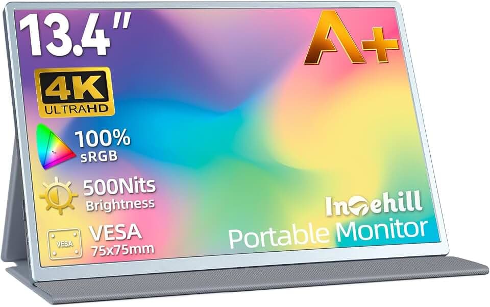 Intehill 4K Tragbarer Monitor 13,4 Zoll IGZO Panel, 3840x2400, 16:10, 500 Nits, 1500:1, 100% sRGB, HDR, Ultraleicht & Tragbar, Aluminiumgehäuse, Eingebaute Lautsprecher, mit VESA (U13NA)