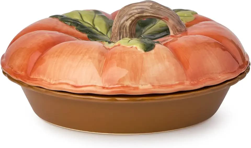 Harvest Fields 3D Pumpkin Covered Pie Carrier – 10.5” Ceramic Pie Dish with Lid – Perfect for Baking, Storing & Serving Pies, Quiches & Holiday Desserts – Festive Thanksgiving Bakeware