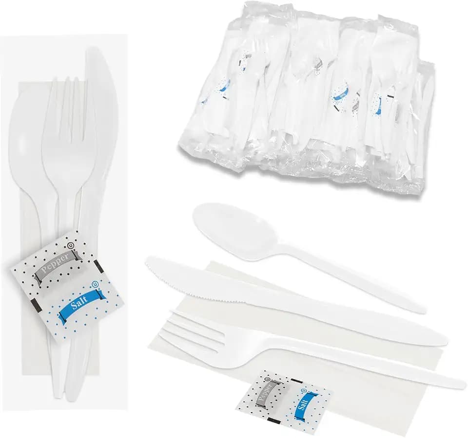 50 Pack Knife Fork Spoon Napkin Salt Pepper Sets, Individually Wrapped White Plastic Cutlery Packets for Delivery, Cafeterias, Restaurants