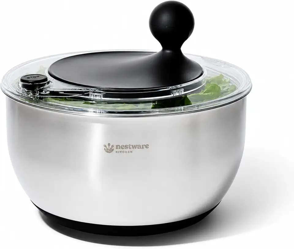 Stainless Steel Salad Spinner Large, 5.3 Qt - Lettuce, Vegetable & Fruit Washer & Dryer with Quick-Stop Brake Button, Colander Basket & Non-Slip Base (304 Stainless Steel - Black)