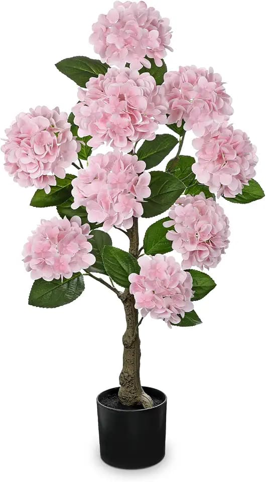 Hollyone 3FT Pink Hydrangea Artificial Flowers Tree Large Real Touch Faux Silk Hydrangea Plants Potted Fake Flower in Black Pot for Home Indoor Outdoor Front Porch Garden Entrance Living Room Decor