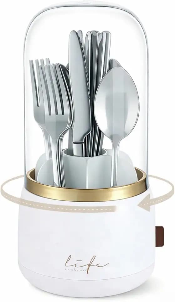 Silverware Organizer with Lid, 360° Rotation Utensil Holder for Kitchen Counter, Silverware Caddy for Party, 7 Slots Fits Standard Utensils & Most Steak Knives Up to 8.5 Inches(White)