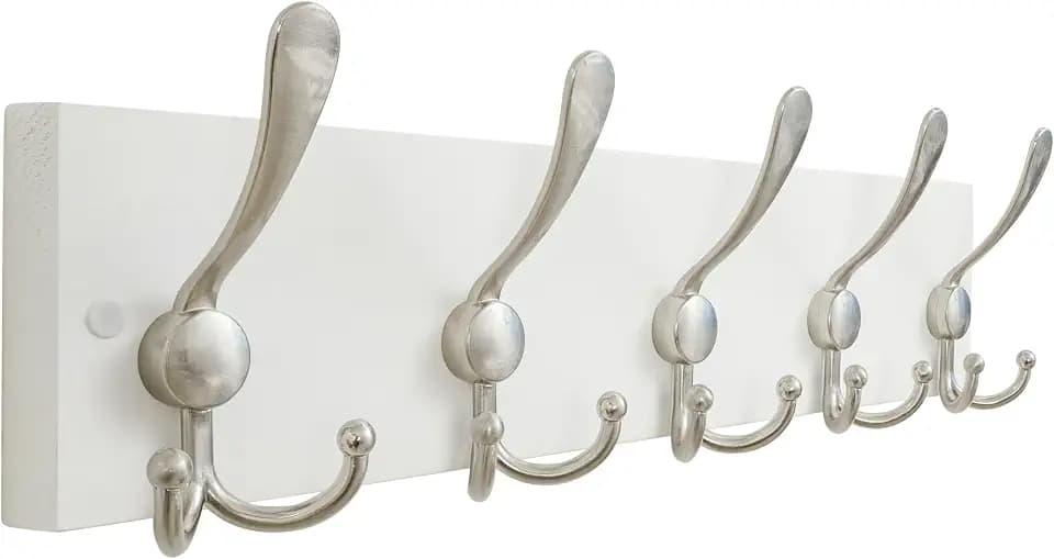 SKOLOO Creations White Solid Wood Wall Mounted Coat Rack, 5 Hooks, 16-7/8" Long - Kitchen, Mudroom, Entryway, Bathroom - Includes Mounting Hardware, Wall Coat Hanger, Towel Rack